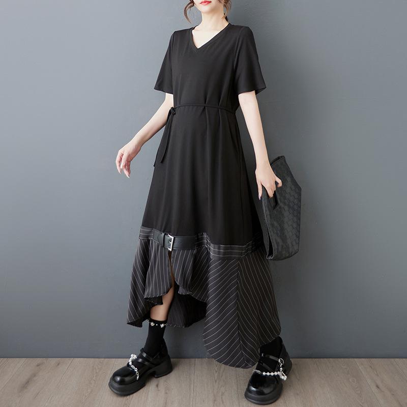 

Summer Fashion Dark Style Irregular Stripe Dress with Leather Belt Plus Size Free чорний