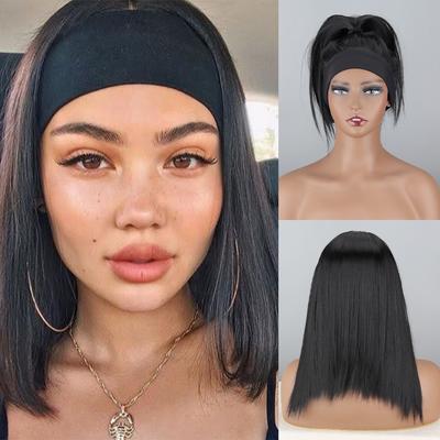 Africa Women Short Straight Black Wig with Headband Synthetic Fiber Natural Black Straight Wig Cosplay Daily Wear