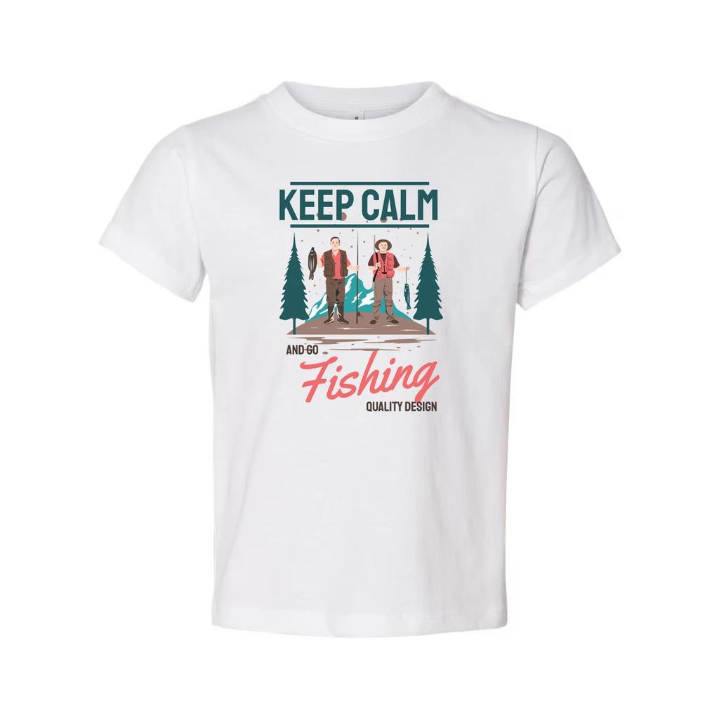 Keep Calm And Go Fishing Graphic Tee Featuring Two Anglers In A Forest Scene For
