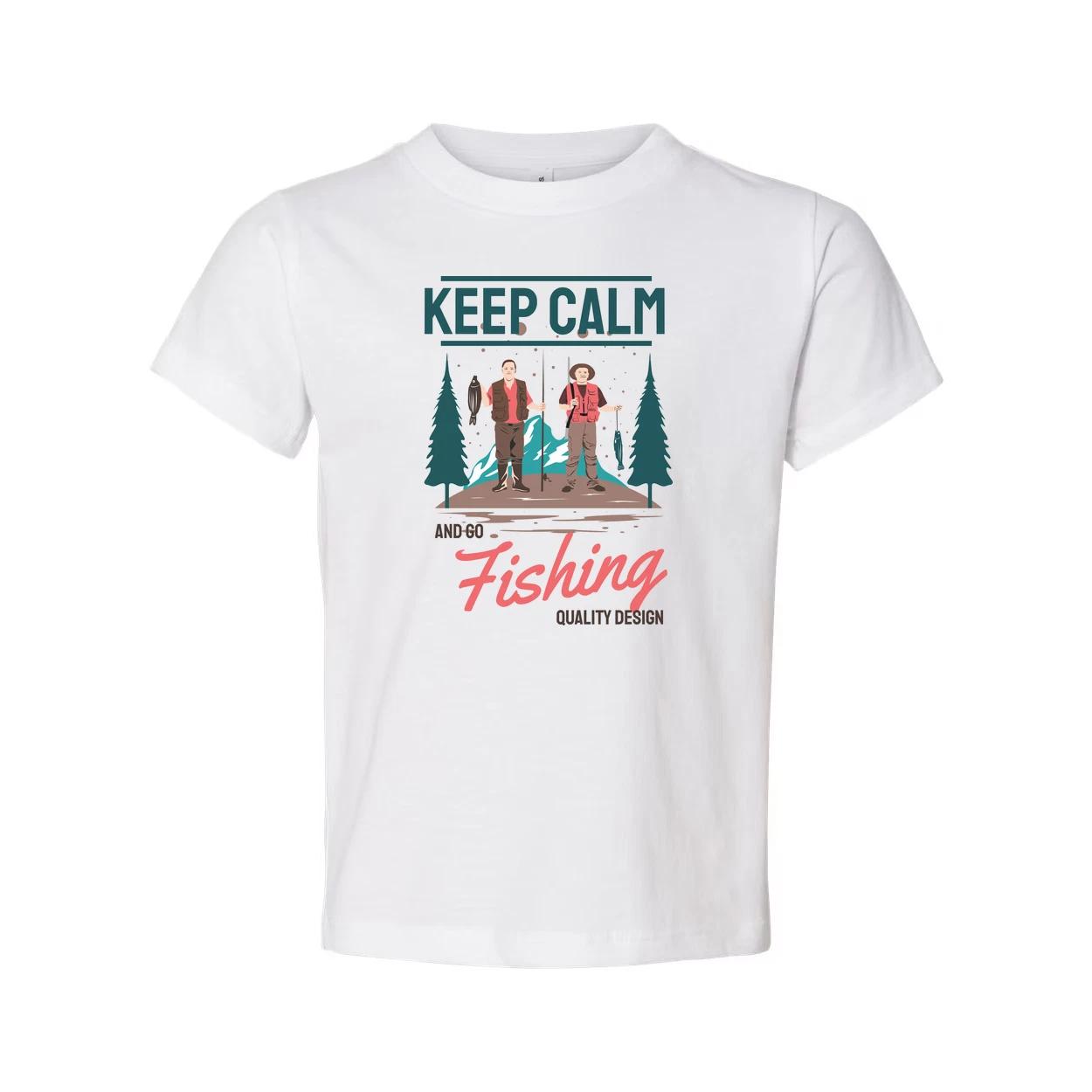 

Keep Calm And Go Fishing Graphic Tee Featuring Two Anglers In A Forest Scene For S