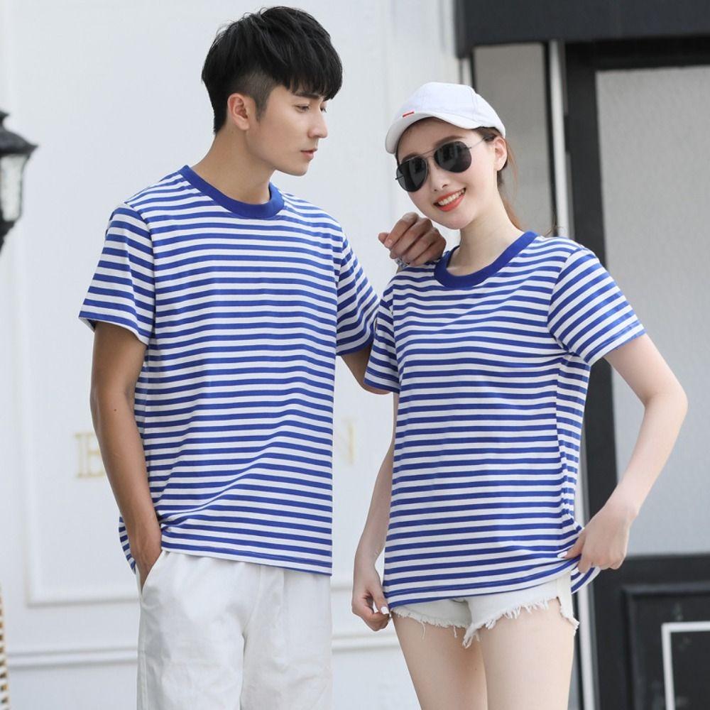Blue and White Striped Oversized Stripe T-Shirt Sea Soul Shirt Man's Short Sleeved Top  Male/Female