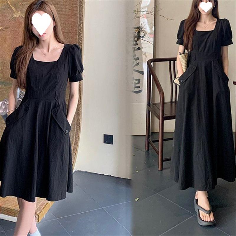 Skinny French small black skirt summer slightly fat women's clothing short-sleeved dress large size MM Tibetan meat temperament new
