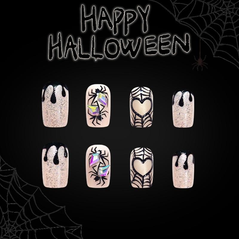 Halloween Glitzer Falsche Nägel Spinnennetz Herz Kunst Designs Aufdrücknagel Set 24 Stück Künstlicher Falscher Nagel