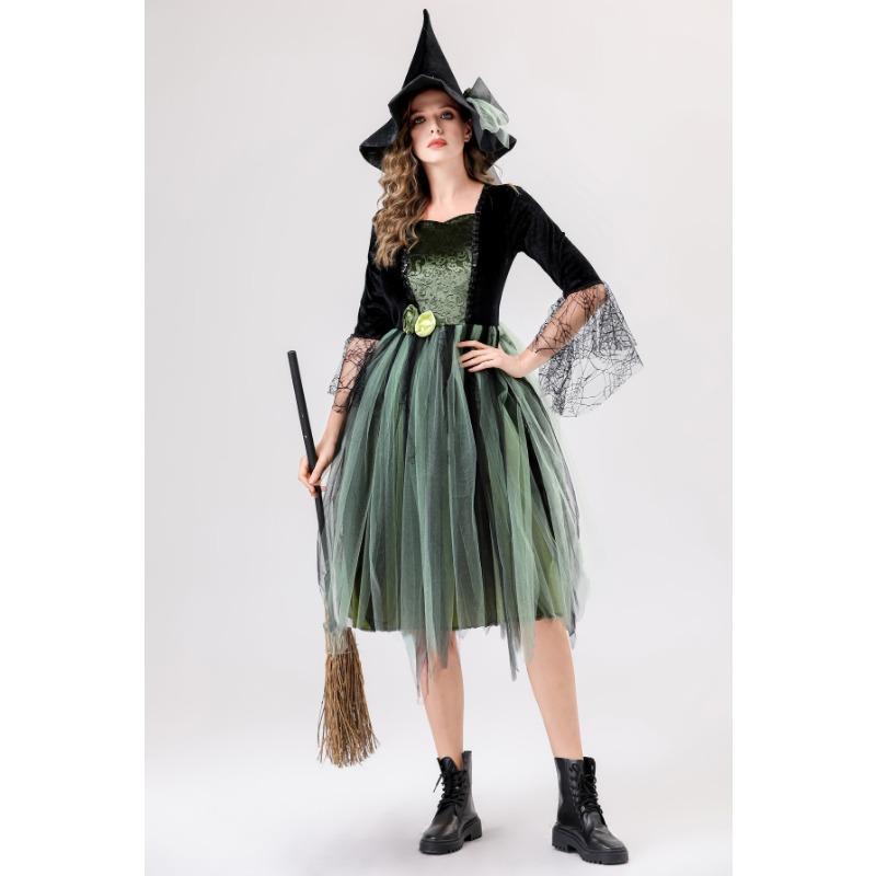 Halloween Party Adult Children Stage Show Green Mesh Witch Dress Parent-Child Costume