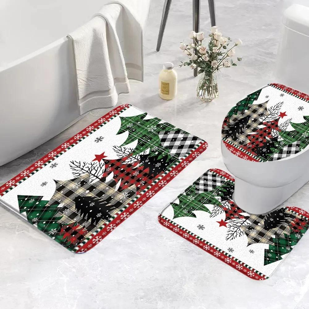 Set di 3 Tappetini da Bagno Natalizi Pupazzo di Neve Babbo Natale Scena Invernale con Neve Rosa Regalo Festivo Tappetino da Bagno Copri WC Decorazione Bagno