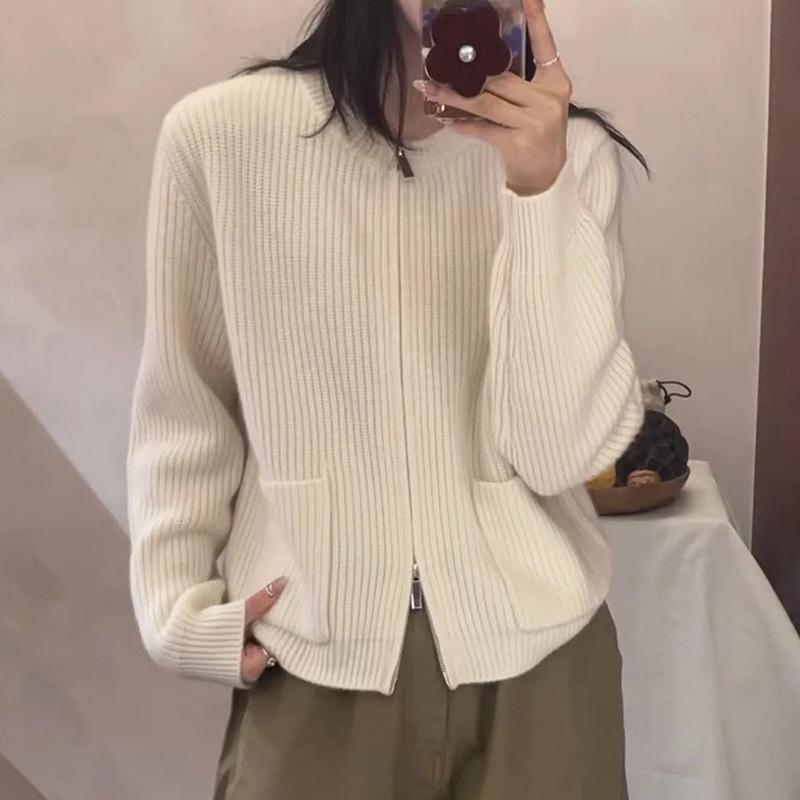 Women's Fashion Double Pocket Cashmere Cardigan - Round Neck, Double Zipper, Pure Wool Sweater Coat for Autumn/Winter