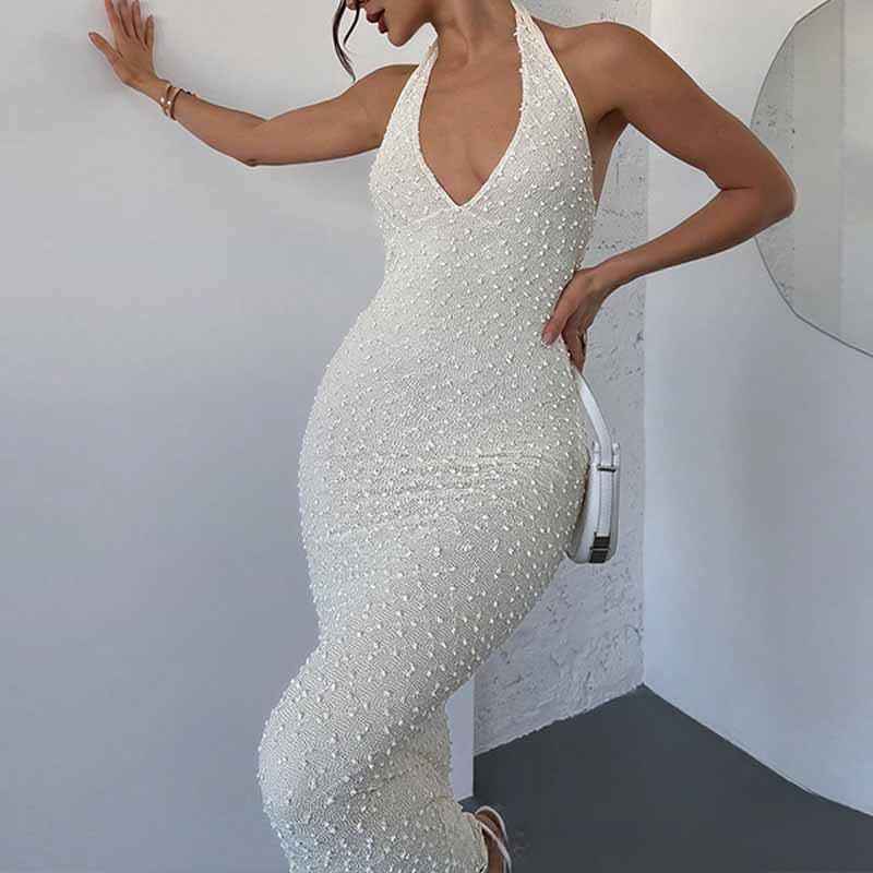 Rochie de vară elegantă cu temperament de modă europeană și americană, cu gât în V, fără spate, cu gât halter, pentru femei