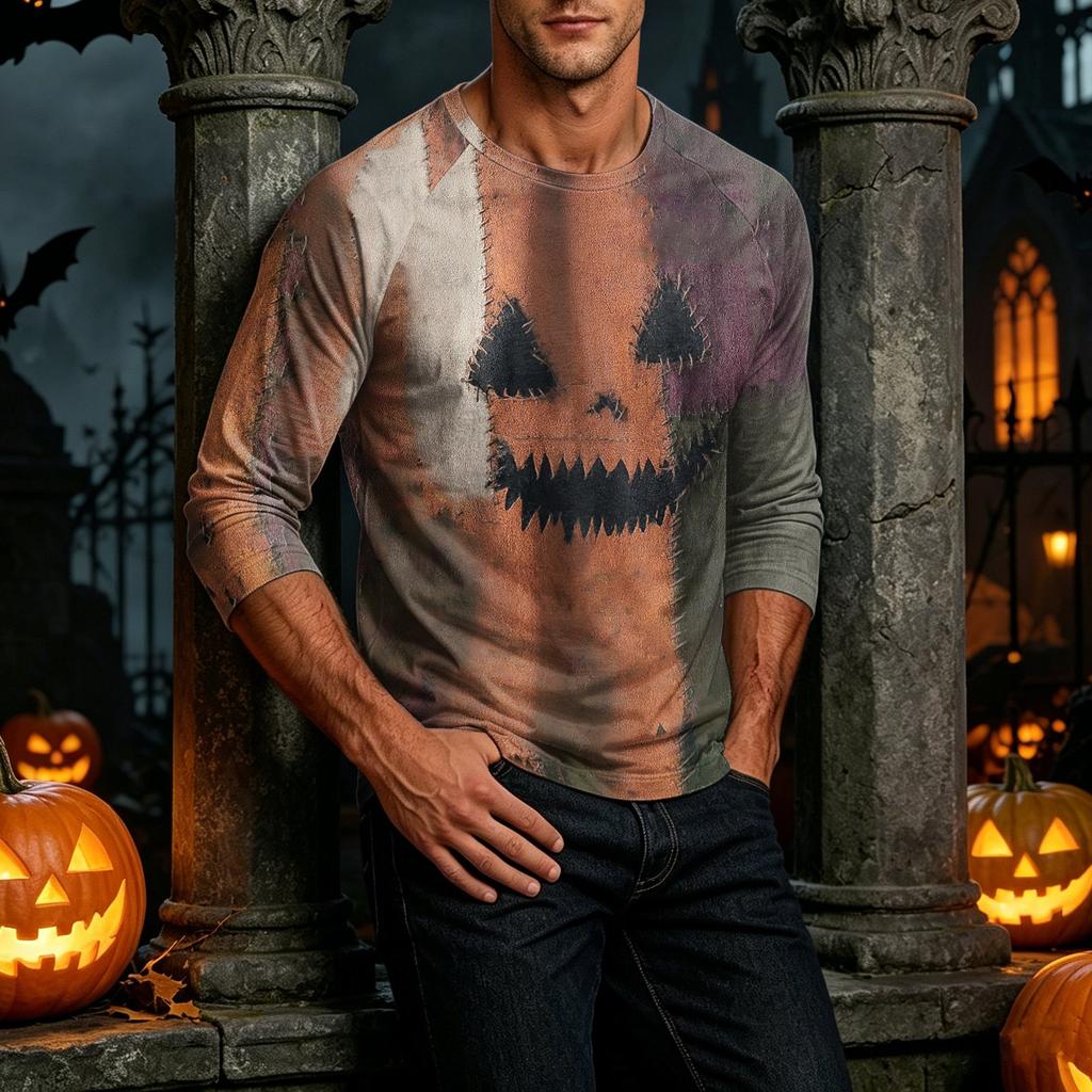 Men's Neck Halloween Print Raglan Sleeve Three-Quarter Length T-Shirt for Casual Wear