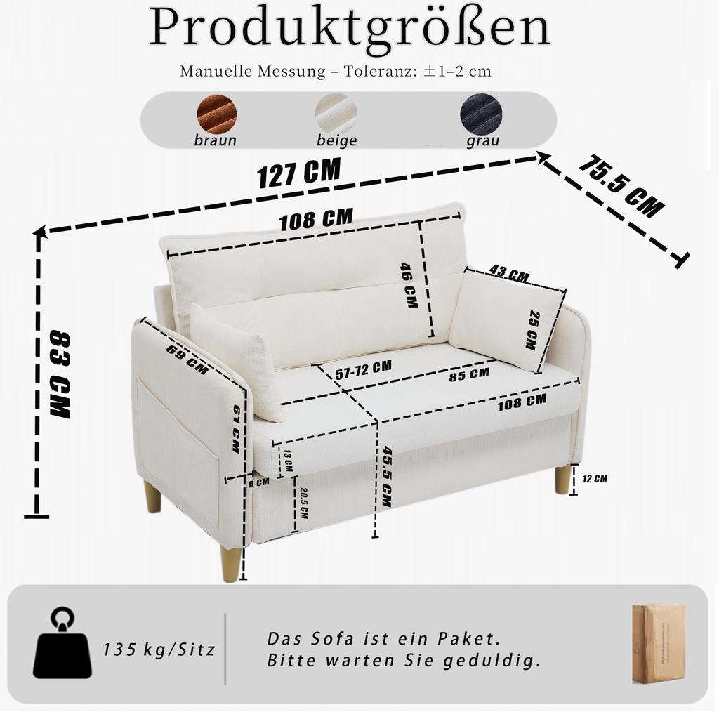 [New Arrivals] 127 cm 2-Seater Sofa, with Armrests, Soft Seat Cushions, Side Pockets, Chenille Fabric, Small Sofa for Office, Easy Assembly, Beige