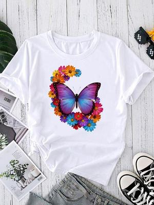 (Asian Size) Butterfly Trend Cute Flower Short Sleeve T-shirts Women's Clothing Print Fashion Female Casual Top T O-neck Graphic Tee