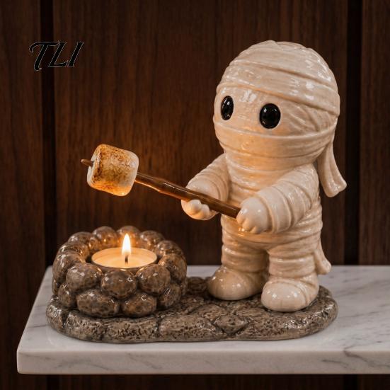 Rustic Yard Decoration Halloween Resin Scarecrow/Ghost/Mummy Candle Holder, Decorative Bonfire Tea Light Hand Painted Table Centerpiece Camping Scene