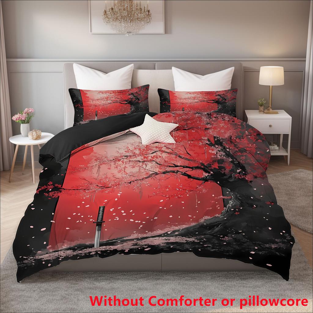 Japan Style Black White Ink Style Samurai Sword Red Sakura 3D Printed Quilt Cover Set Elegant Sakura Bedding Cover Pillowcase