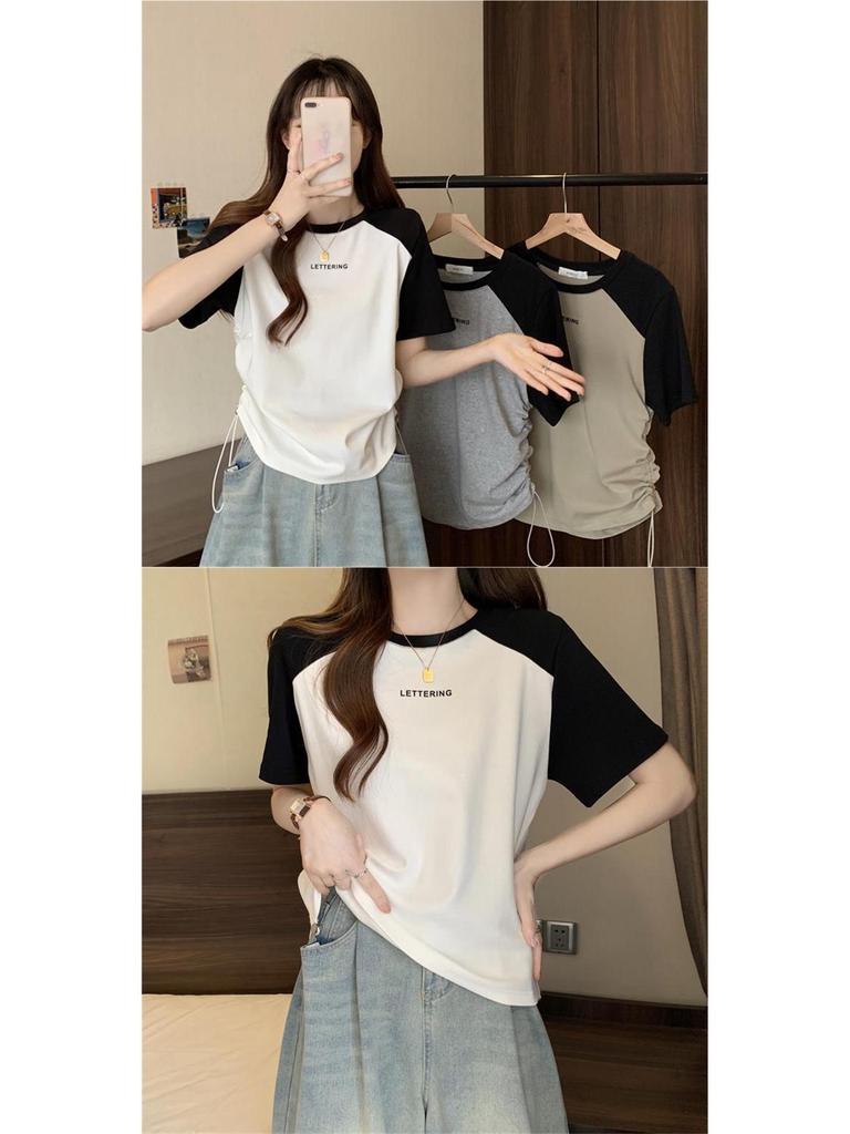 Plus Size Summer Crew Neck Print Drawstring Short Sleeve Slimming T-Shirt for Women