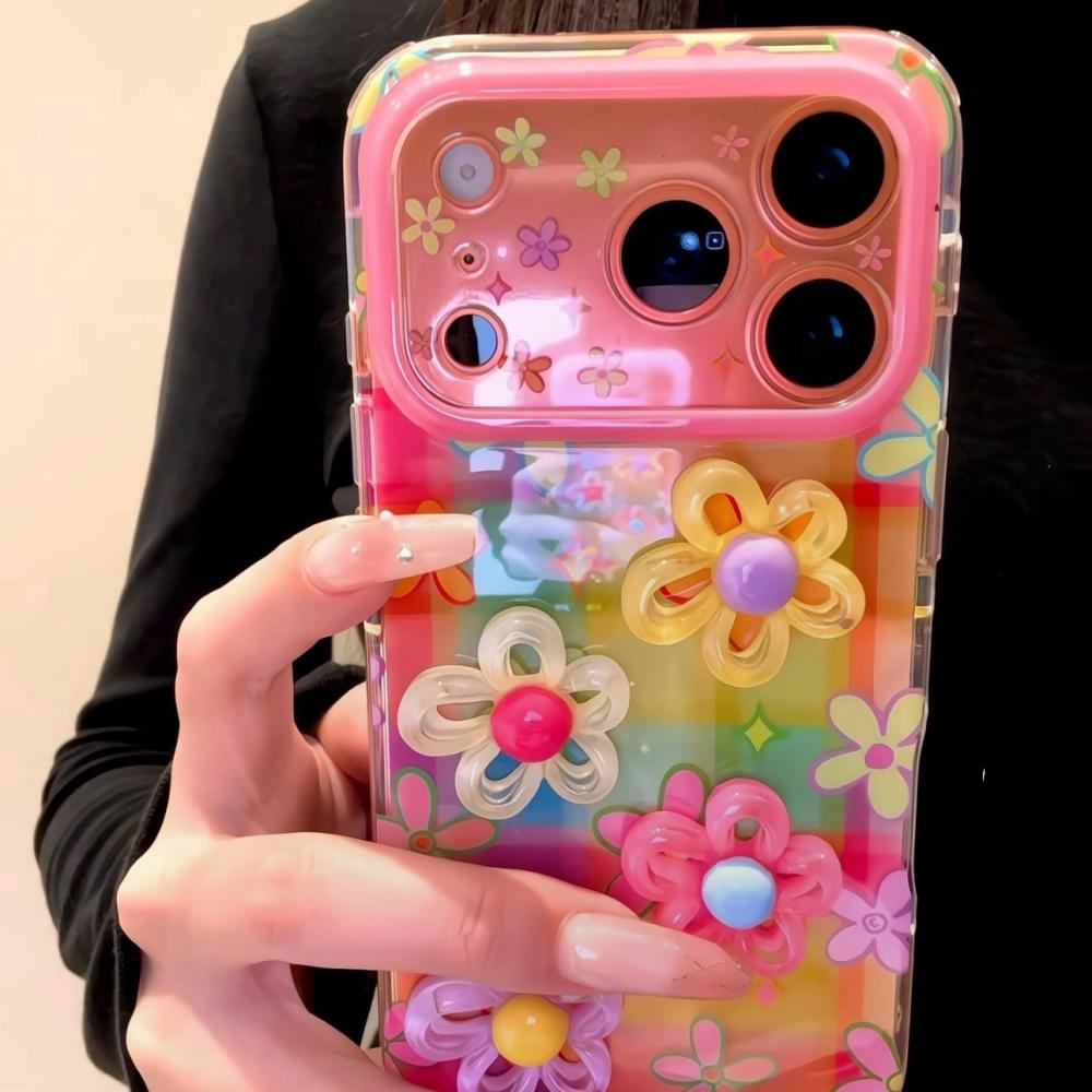 Korean Style Ins Dopamine Colorful Checkered 3D Flower iPhone 17 Pro Max Case for Apple 15 Pro 14 13 16 Women Unique Full Cover