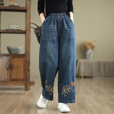 Fashion Embroidered Wide Leg Jeans Women's Winter High Waist Pants Loose Large Straight Leg Pants