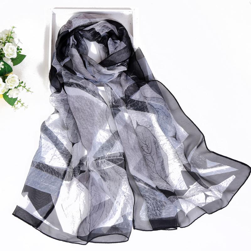 2019 Qiaoqi Long Silk Scarf with Leaf Pattern - Sun Protection, Hot Selling Thin Silk Scarf