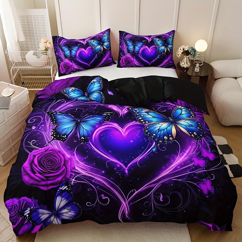 

Breathable 3pcs All-Season Purple Heart Rose Butterfly Duvet Cover Set Machine Washable Includes Duvet Cover and 2 Pillowcases 90X200cm