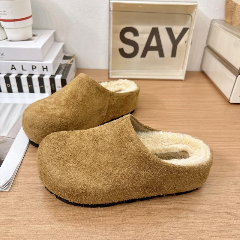 

European matte bag head slippers women s 2025 autumn new inner height increase flat bottom casual Muller lamb wool shoes women 40 верблюд