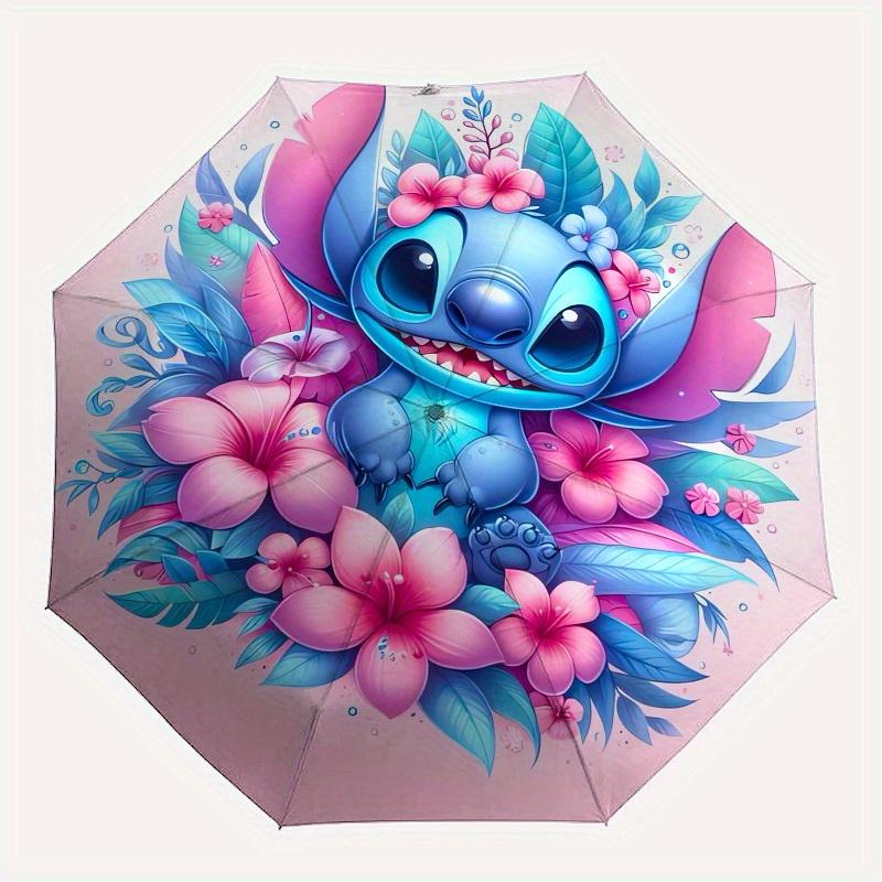 Stitch, Blumen Automatisches Öffnen und Schließen Regenschirm 8 Rippen Winddicht Tragbarer Faltregenschirm, Geeignet für Freizeit- und Geschäftsreisen, für Gi