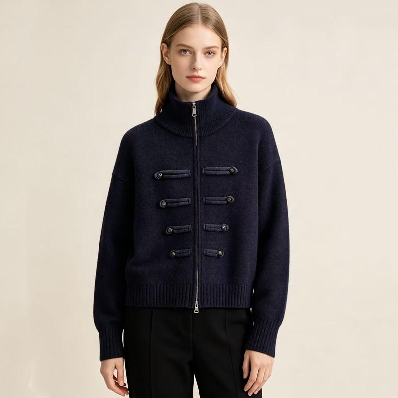 Women's Military Style Casual Loose Zip-Up Knit Cardigan Sweater