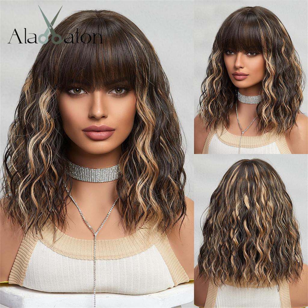ALAN EATON Short BOB Synthetic WIGS Orange Brown Curly Wig with Bangs for Women Cosplay Daily Party Heat Resistant Fiber Wig