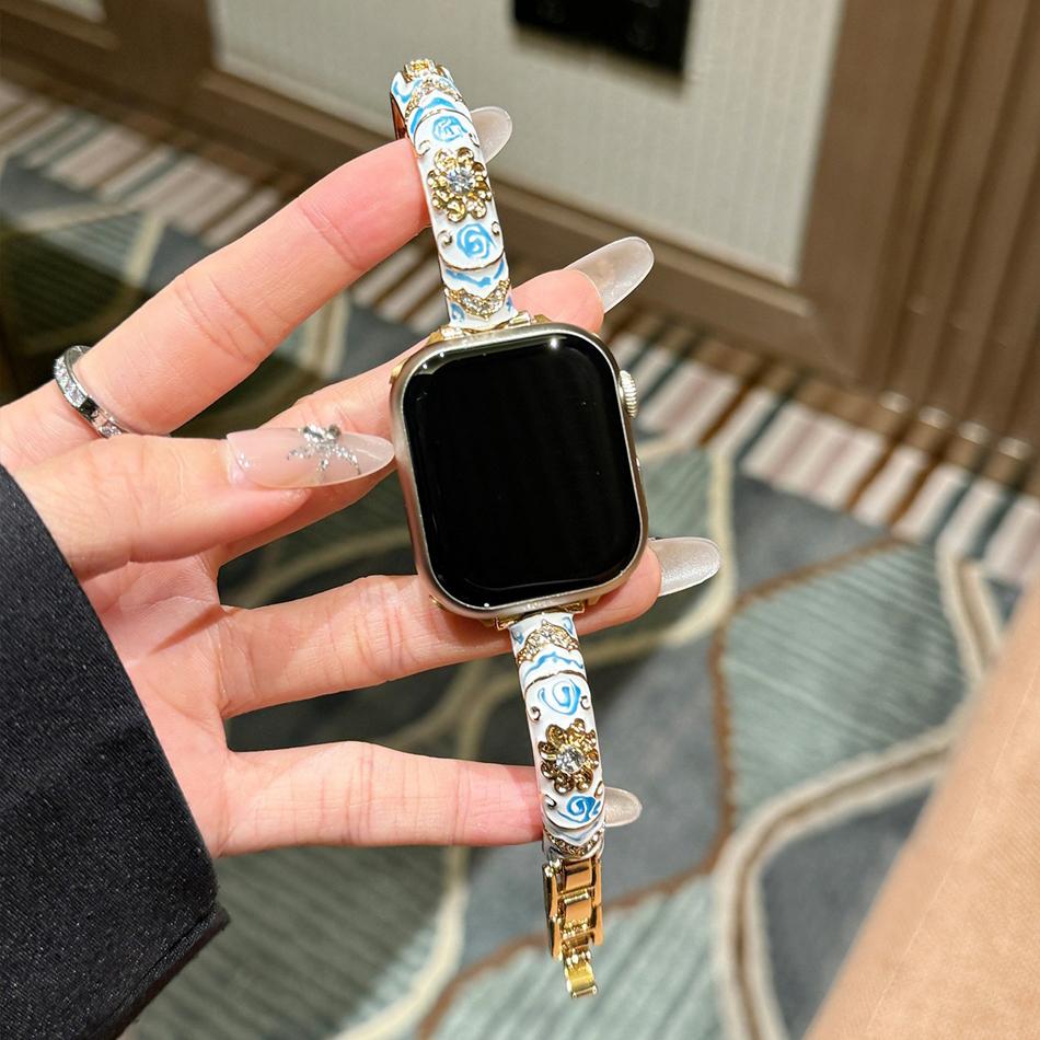 

Винтажный фарфоровый ремешок для Apple Watch Band S11/10/9/8/7/SE/6/Ultra IWatch 49/46/45/44/42/41/40/38мм Металлический браслет из эпоксидной смолы 38 40 41(S11 10)42MM
