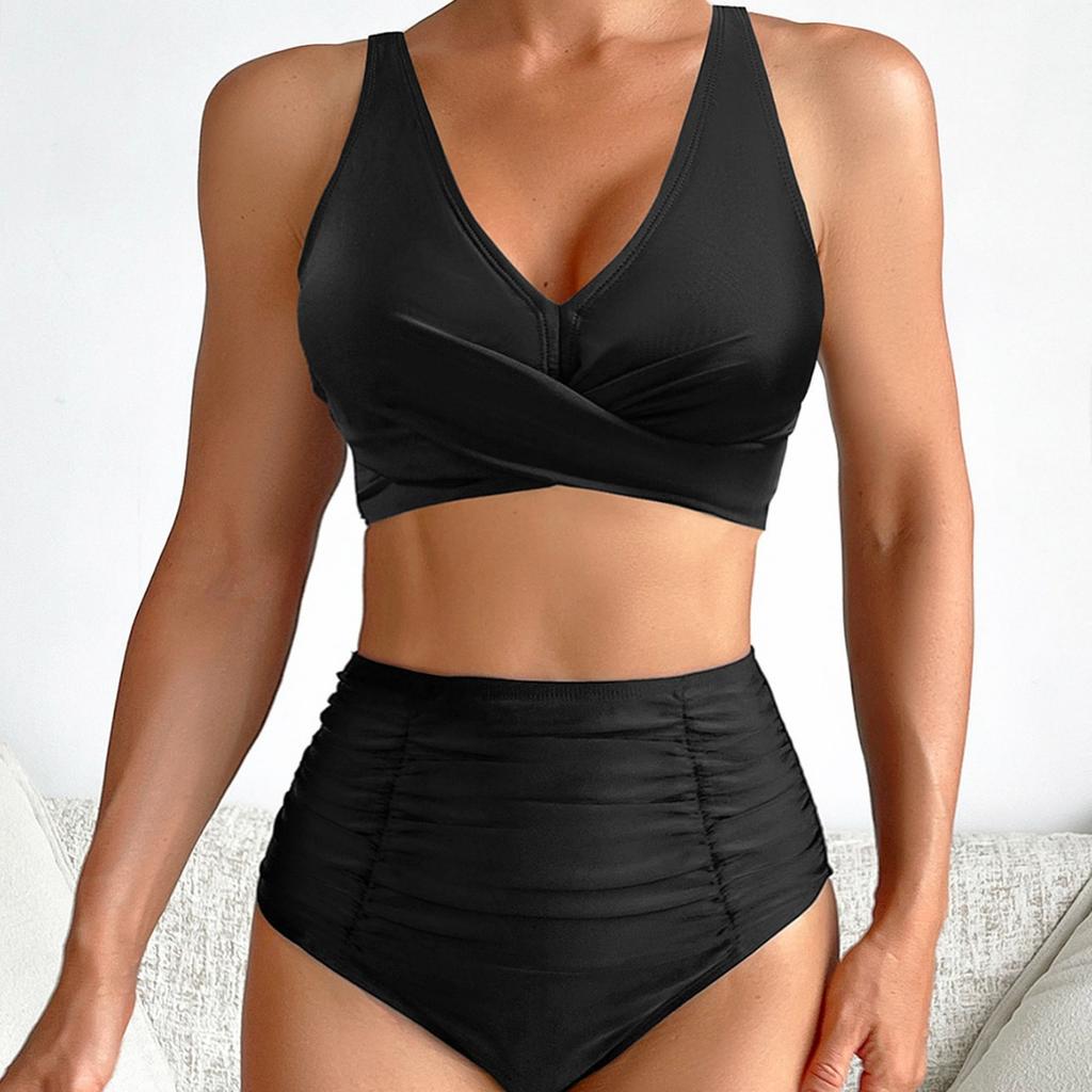 Solid Ruched High Waist Sexy Bikini Set Elegant Slimming Two Piece Swimwear