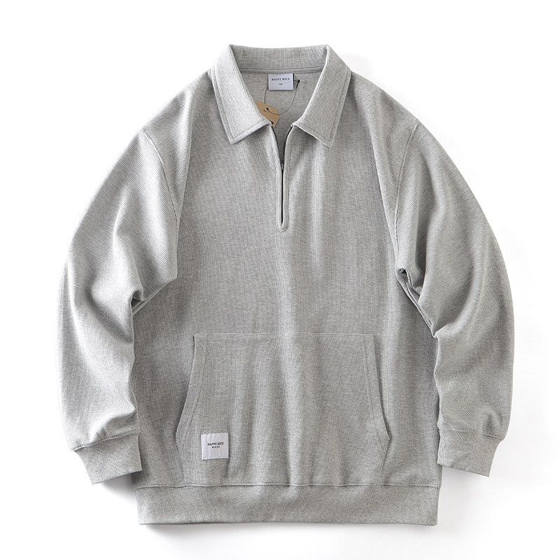 

American Retro Half Zipper Waffle Lapel Polo Sweatshirt Men Autumn and Winter Long Sleeves Export Men Casual Jacket Light gray M