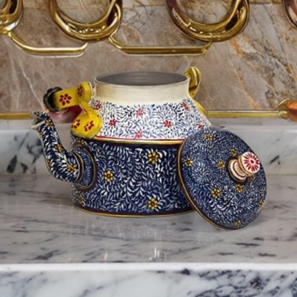 Traditional Handpainted Aluminum Kettle Tea Pot for Serving (Blue and White)