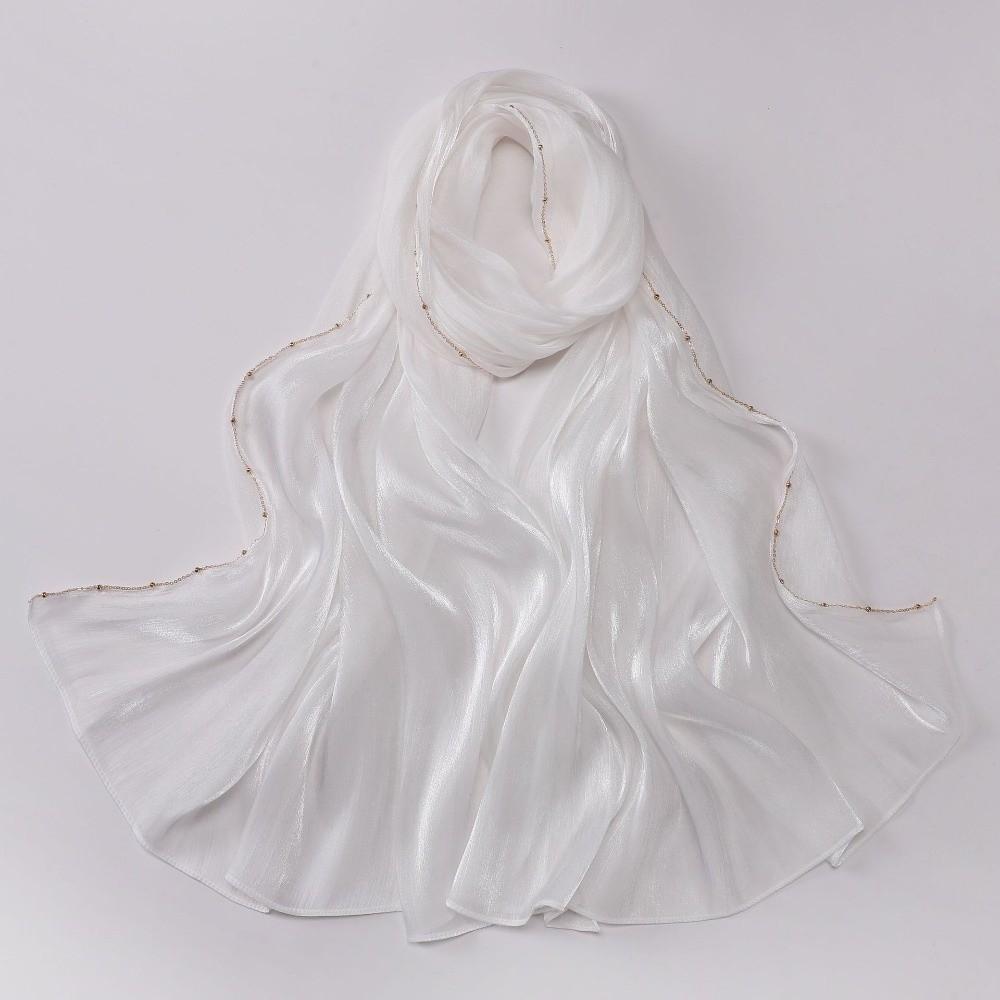 

High Qulaity Solid Color Silk Scarf Unilateral golden chain Shining Sunscreen shawl Long Soft Chiffon Hijab Veil Outdoor