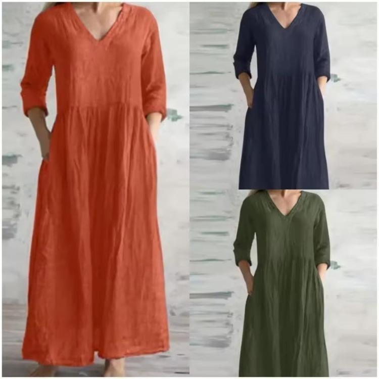 New Casual Women Loose Long Maxi Dress V Neck Half Sleeves Simple Style Cotton Linen Vestido Lady Dress for Spring Autumn