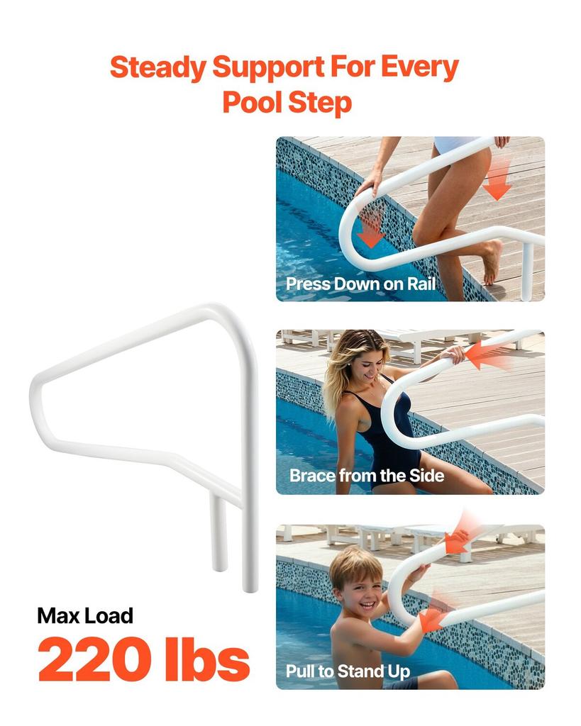 Pool Rail, 137.1 x 81.3 cm Pool Handrail, 100kg Load Capacity Heavy Duty Stainless Steel Swimming Handrail, Seamless Welding, Recessed or Base Mount,