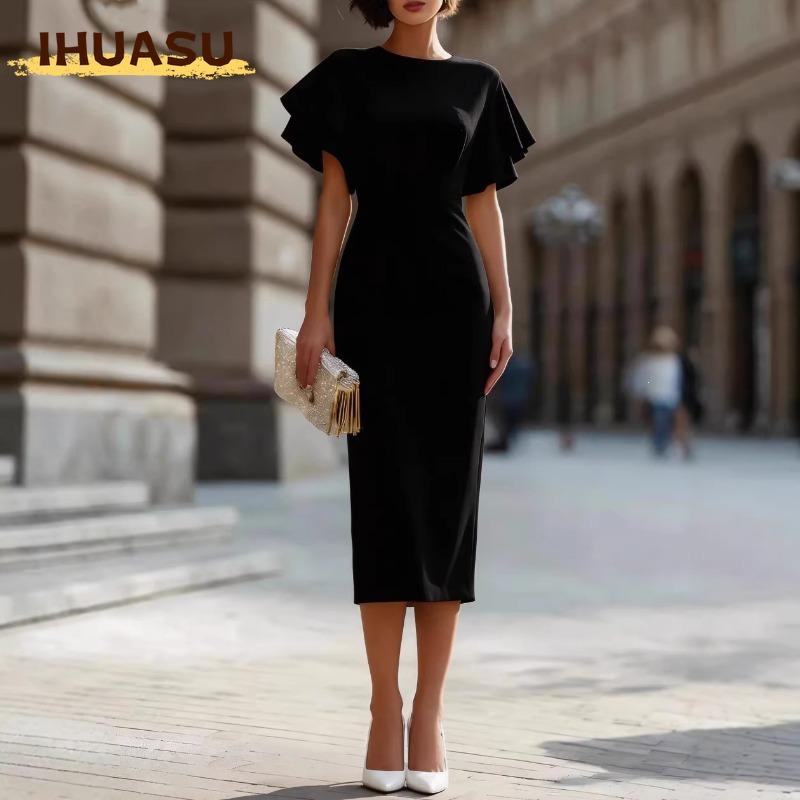 IHUASU Fashion Summer Spring Solid Color Print O-Neck Short Sleeve Casual Dresses