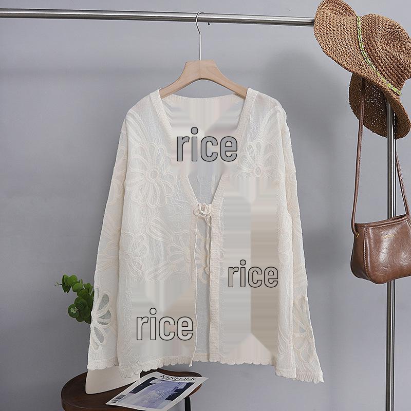 

Женский вязаный кардиган с вышивкой, ажурный, с длинным рукавом, V-образным вырезом - Весенне-летний, для защиты от солнца One Size бежевый