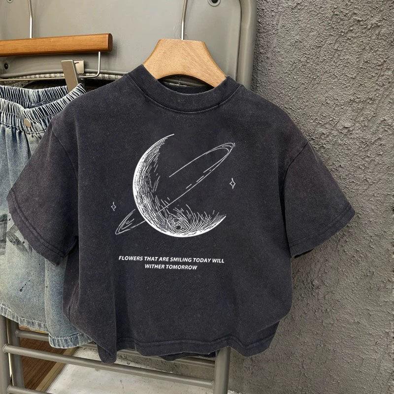Washed Black Retro Distressed Short-Sleeve T-Shirt for Kids, Pure Cotton, Stylish for Boys and Girls