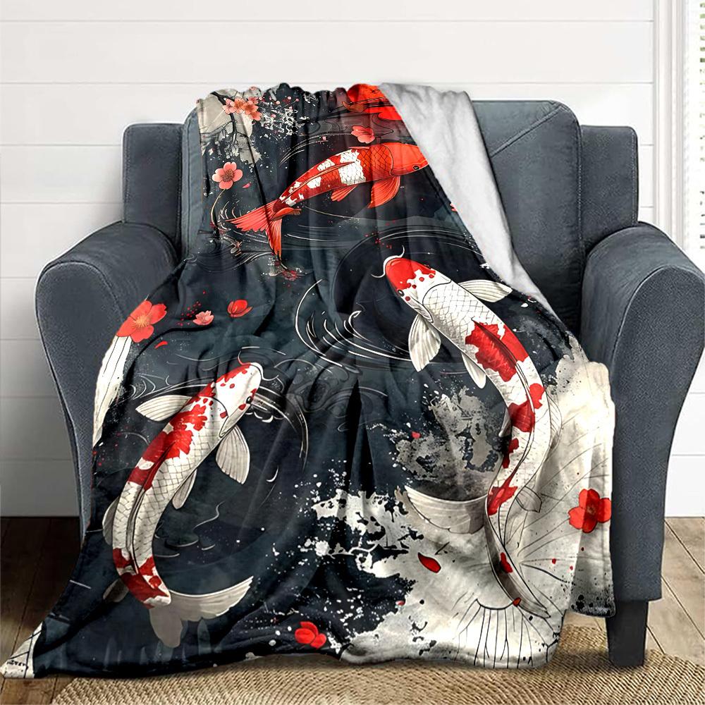 1PC Koi Fish Pond Blanket, Throw For Sofa, Bed, Travel, Camping, Livingroom, And Bed, Printing Blanket With Soft And Warm Fabric yy250918197
