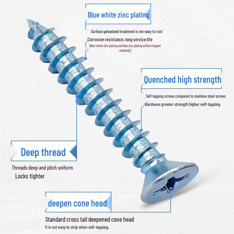 High-Strength Phillips 1022A Self-Tapping Wood Screws, Blue-White Zinc, M4/M5 for Curtain Installation and Woodworking.