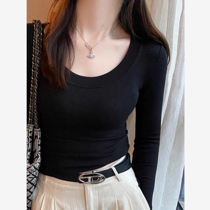 

2024 Pure Desire U-образный вырез с длинным рукавом приталенная футболка в корейском стиле для женщин - Новая мода на весну и осень M for 45-52 kg