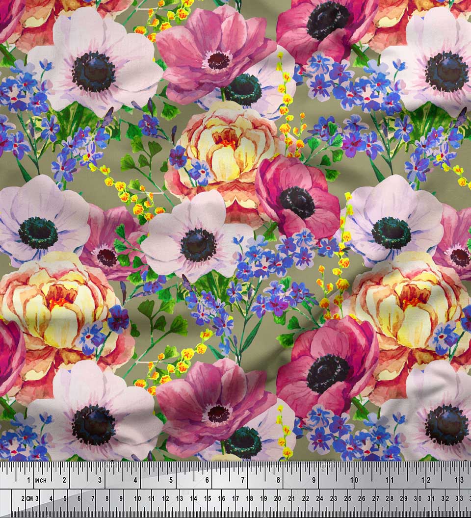 

Soimoi Green Japan Crepe Satin Ткань Пион и анемон Цветочный декор Ткань Печатный метр 42 дюйма