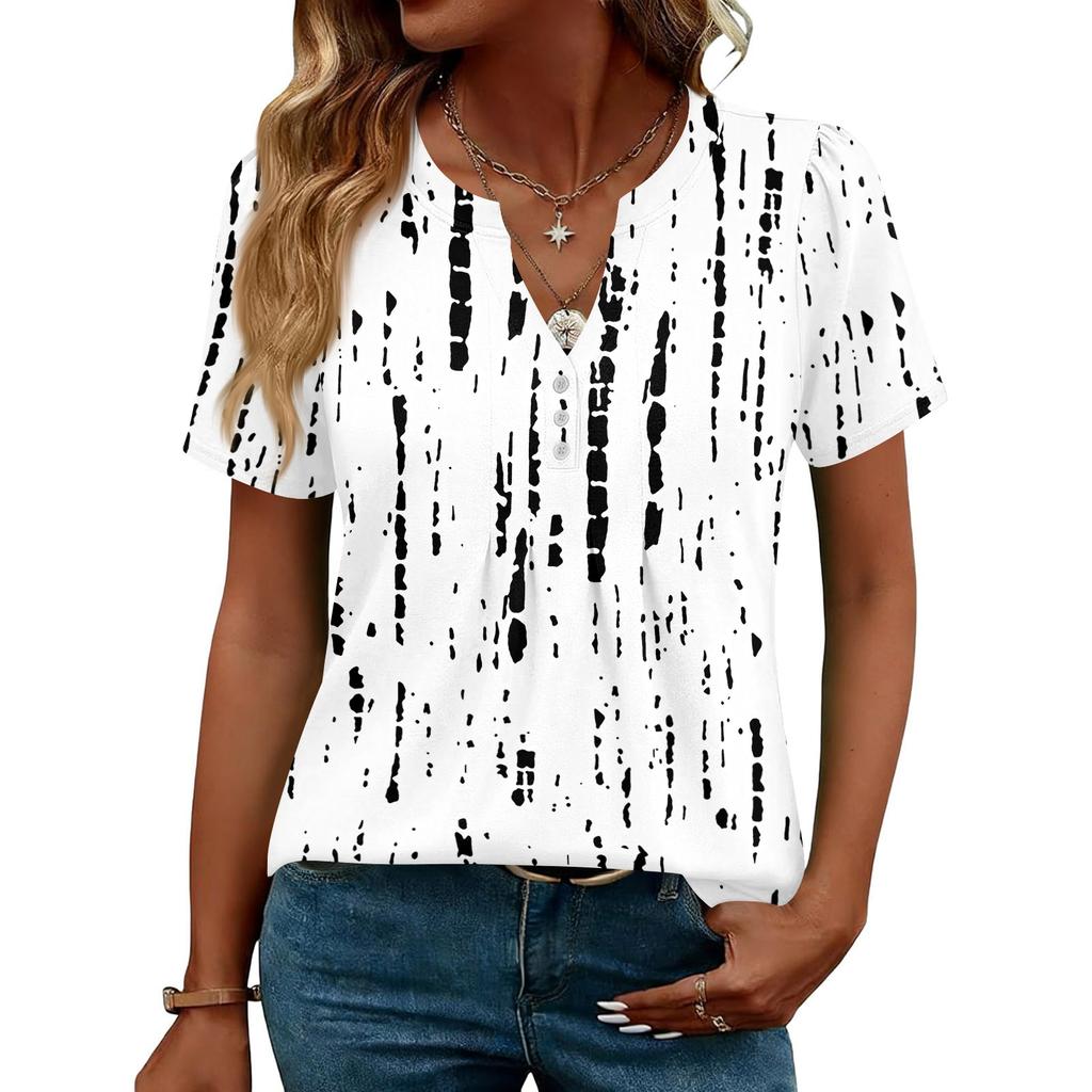 Damen Oberteile Festlich Lässig V-Ausschnitt Kurzarm Hemden Plissierte Blusen Knopfleiste Tunika