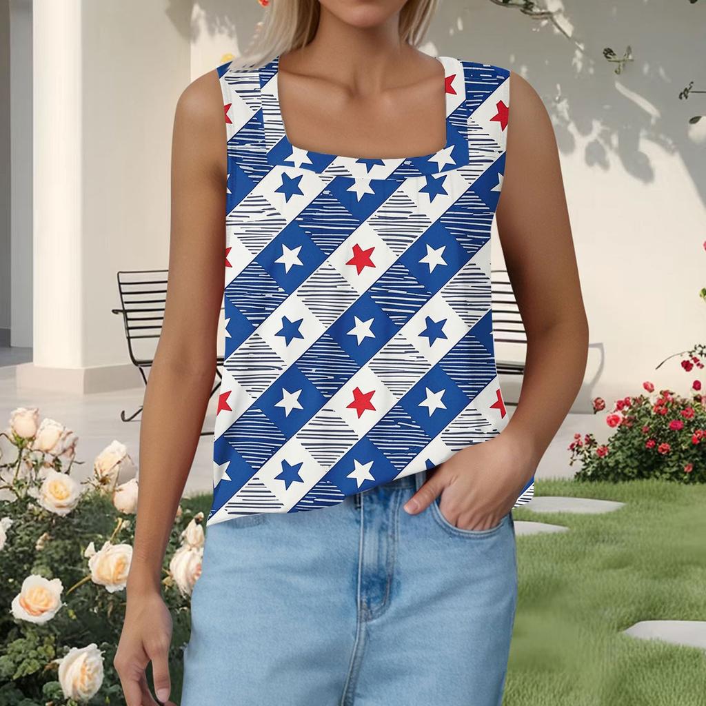 Women's Fashion Pleated Printed Square Neck Vest Top