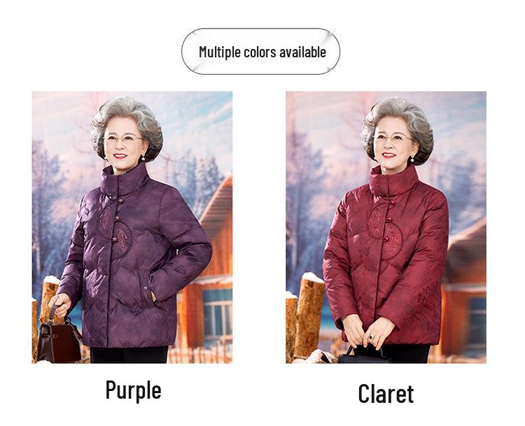 Vintage Rote Daunenjacke im chinesischen Stil für mittelalte und ältere Frauen, Warmer Wintermantel mit Entendaunen