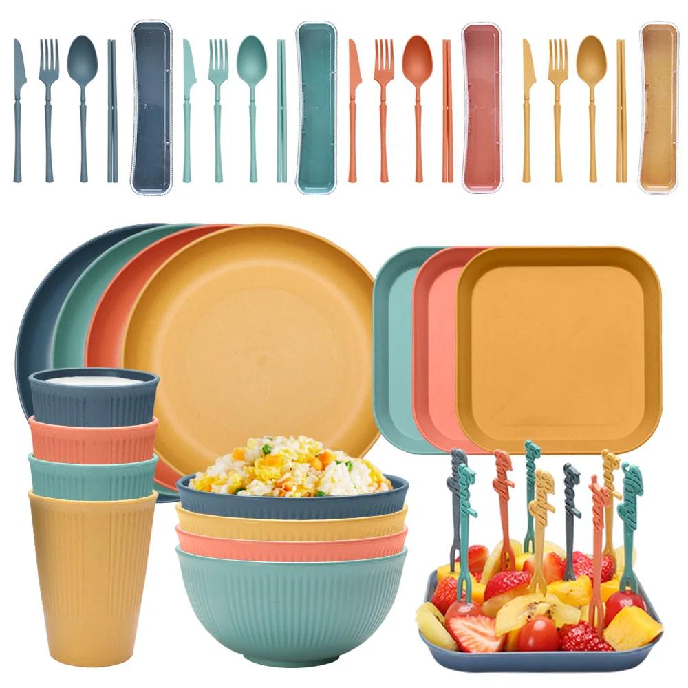 48pcs Plate Sets Eco-Friendly Wheat Straw Ramen Bowl Tableware Dinner Dishes Set Camping Tableware Set With Knife Fork Spoon