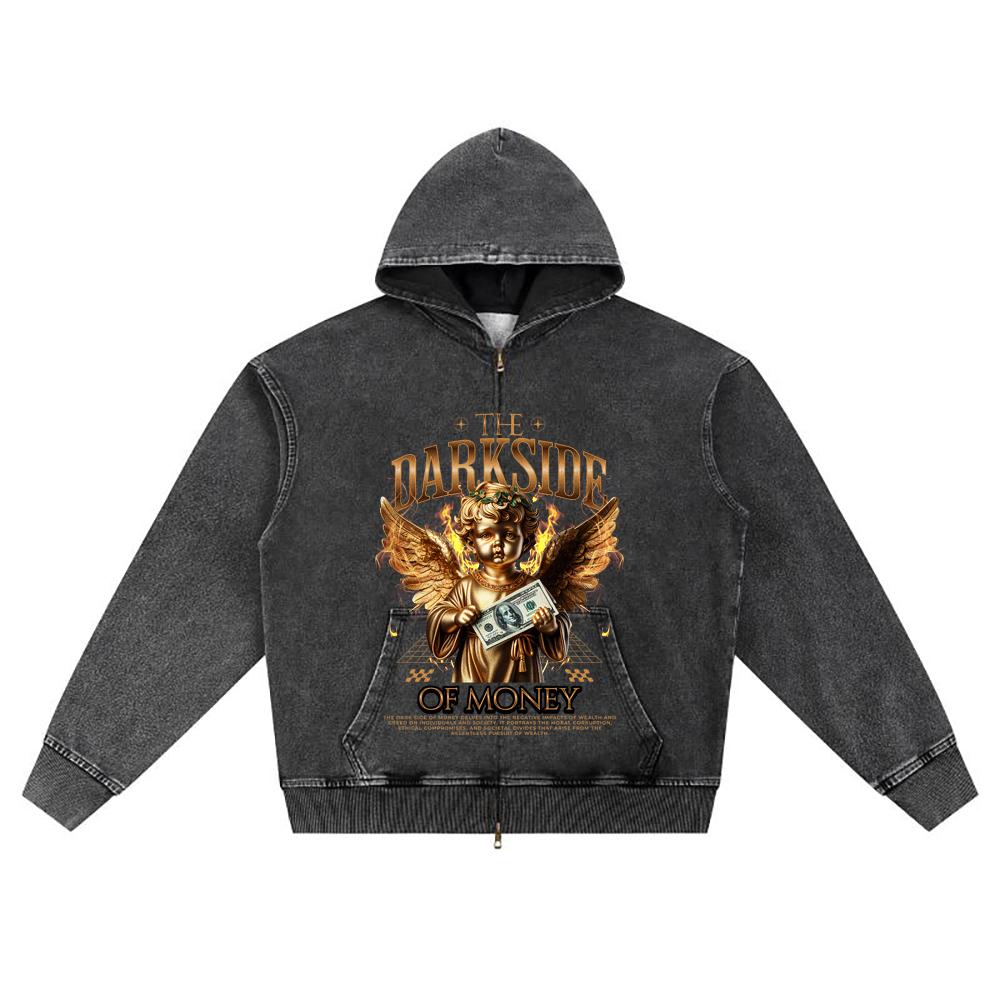 DTG print Knitted Denim Zip-Up Hoodie The Darkside Of Money Brother Print Zipper Hoodies