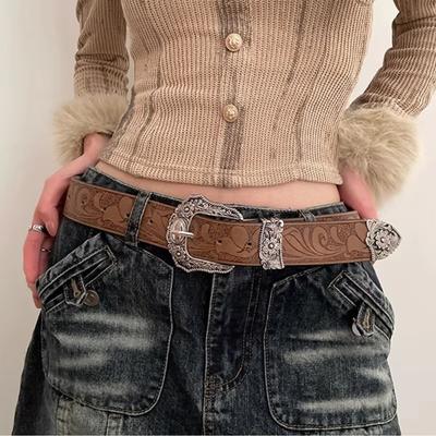 Casual Vintage PU Leather Waistband Versatile with Metal Caved Buckle Pin Buckle Belt Y2k Jeans Belt