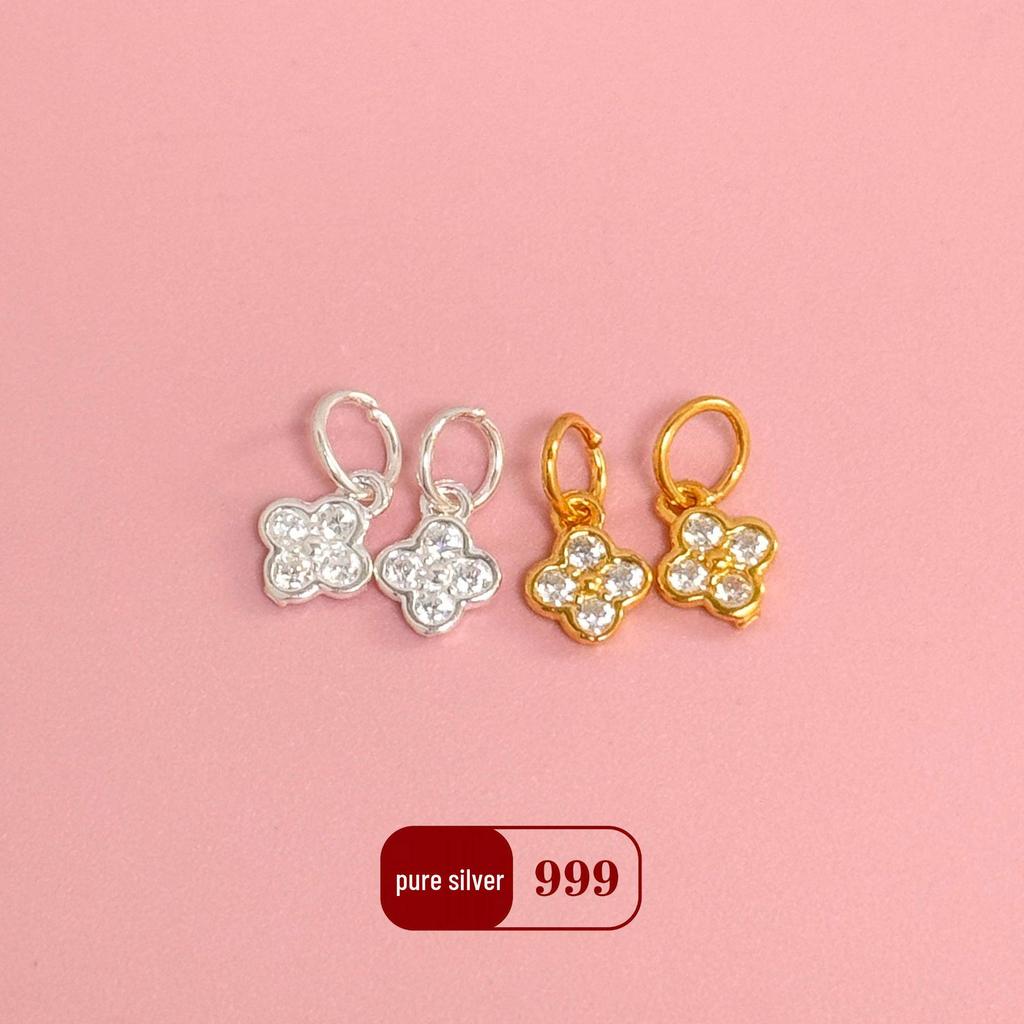 S999 Sterling Silver & 18K Gold Inlaid CZ Four-Leaf Clover Charm for DIY Bracelet/Necklace Beading & Weaving