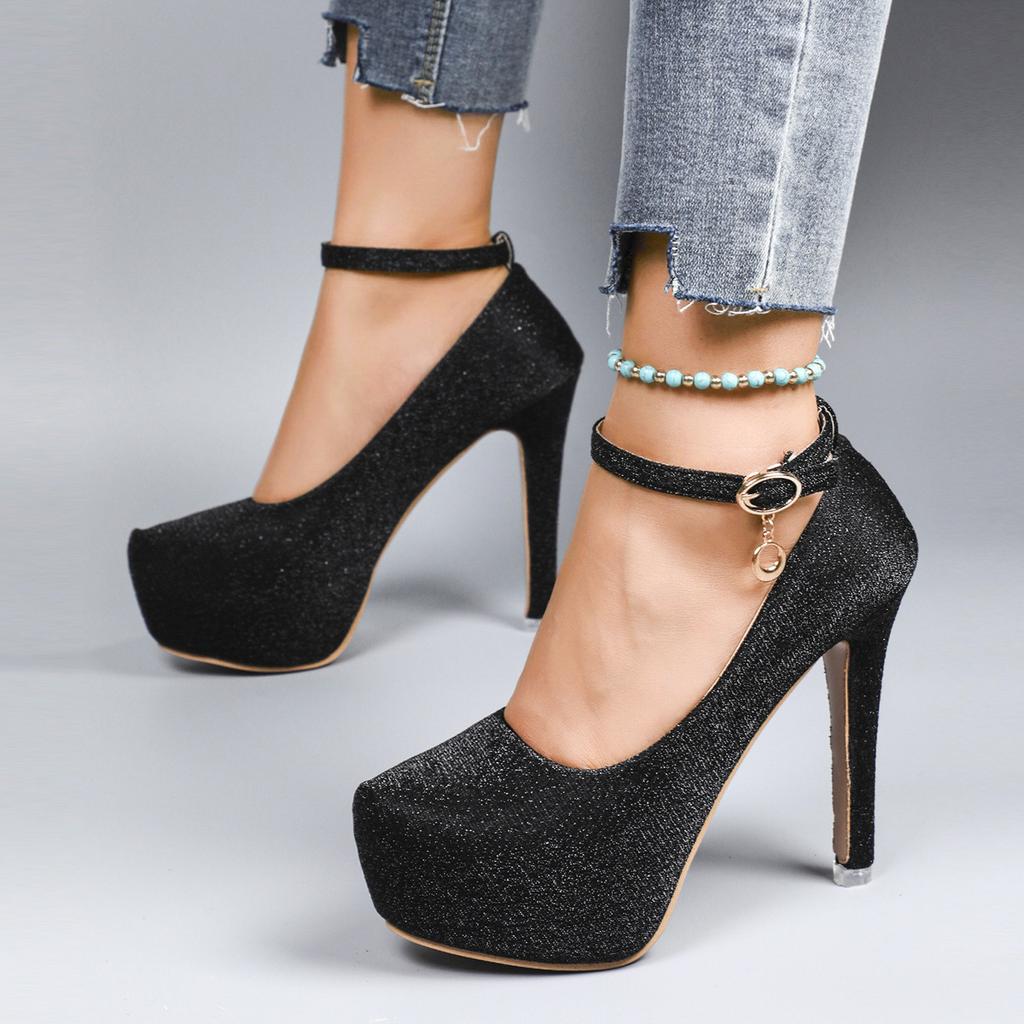 Women's High Heels New Style Semi-Uppered Thin Heel Waterproof Platform Buckle Fashion Shoes Large Size Strap Shoes
