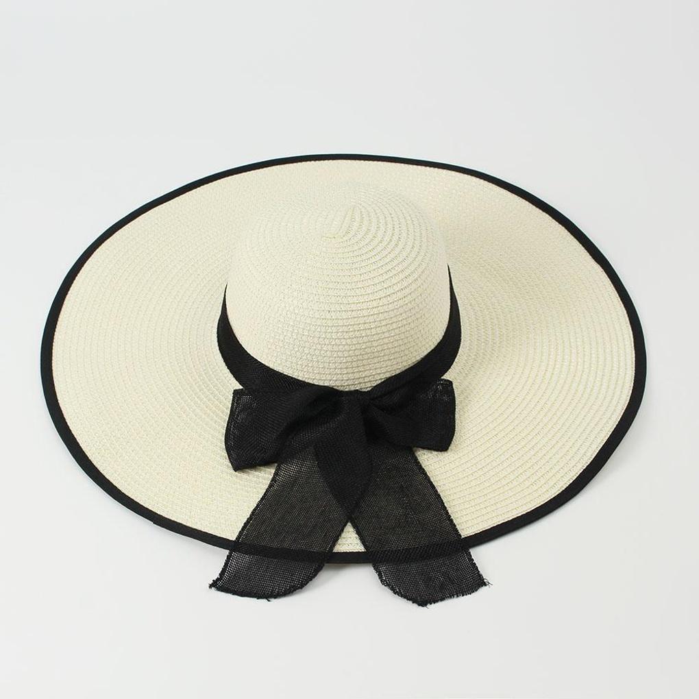 Ribbon Beach Hat Wide Brim Summer Hat Ivory