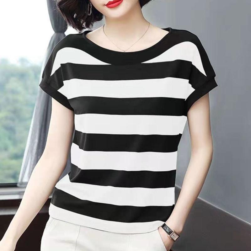 

Женская летняя полосатая футболка с короткими рукавами для мам среднего возраста, свободные повседневные топы больших размеров 5XL белый