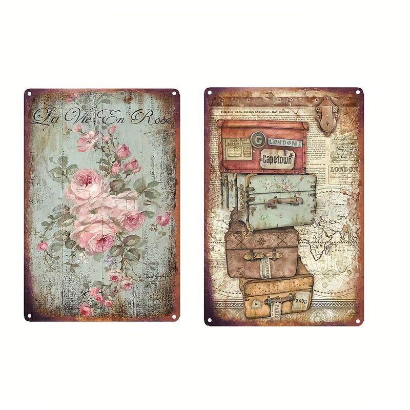 2Pcs 7.8×11.8in European Vintage Tin Paintings - Travel Music Flower Hot Air Balloon Decor - Indoor/Outdoor Wall Art for Home/Bar/Cafe